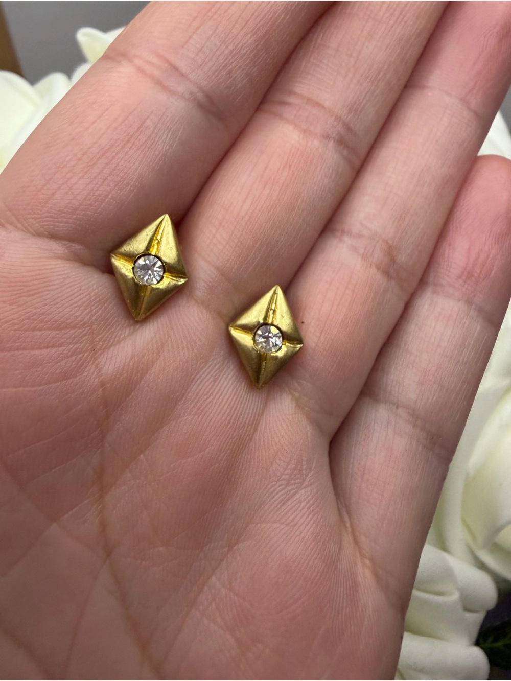 Gold Pyramid Stud Earrings with Clear Crystal